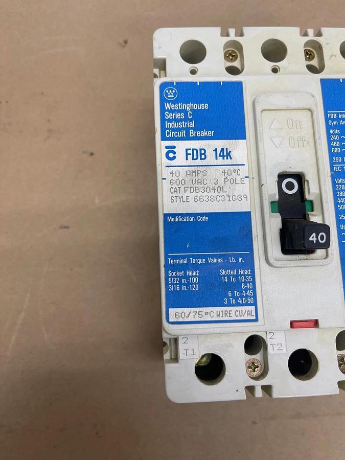 Used Westinghouse FDB3040L Industrial Circuit Breaker, Ser C, 40A, 600VAC, 3 Pole