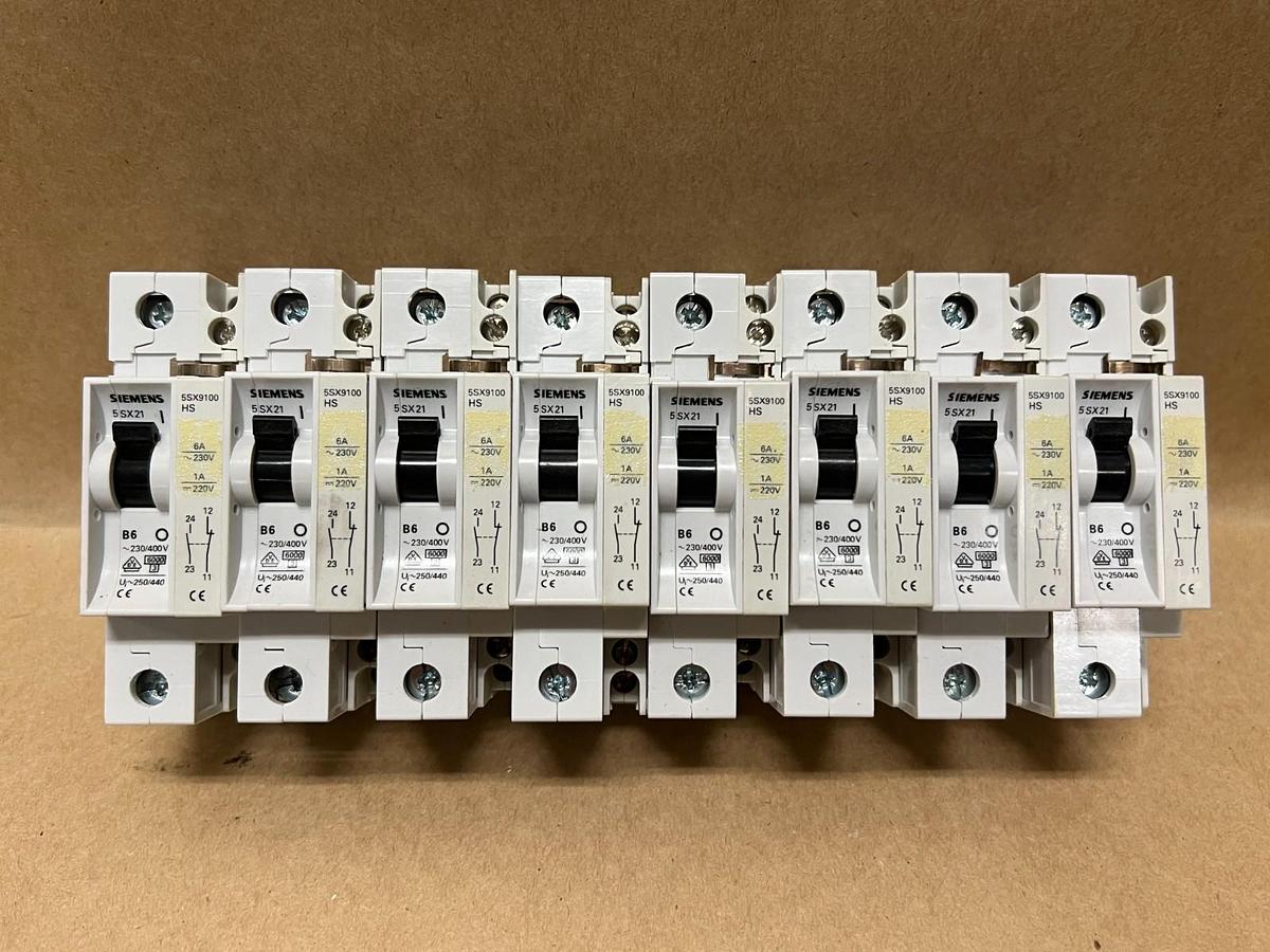 Used Siemens 5SX21 B6 230/400V Circuit Breaker, 5SX9100HS Auxiliary Contact, Lot of 8