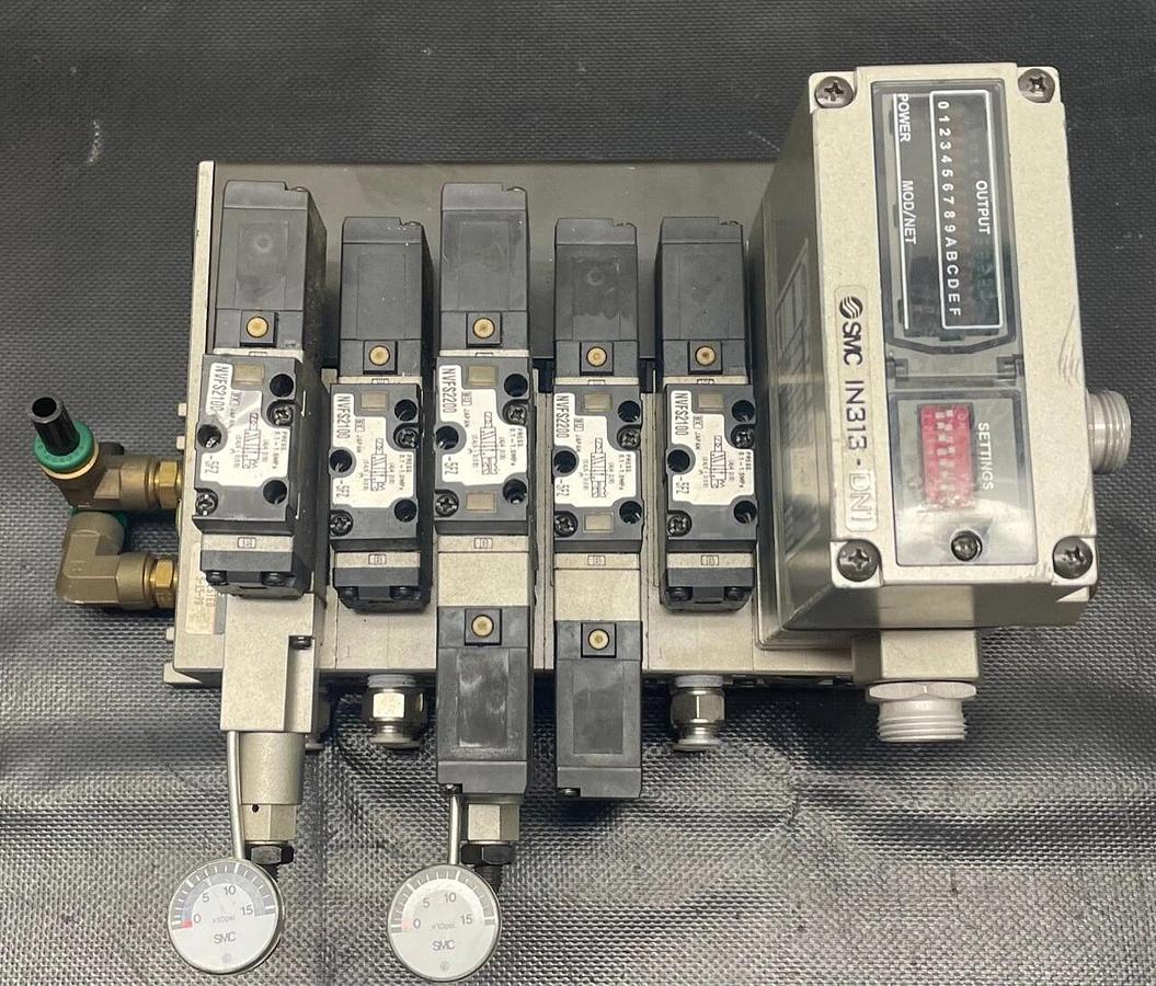 Used SMC IN313-DN1 Serial Interface Unit w/ 5 Solenoid Valves