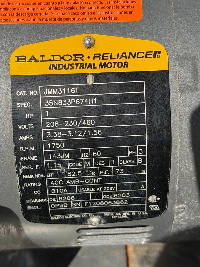 Used Goulds 3657 316 SS End-Suction Centrifugal Pump, 1Hp Baldor Motor @1750RPM