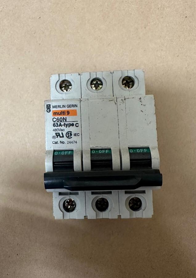 Used Merlin Gerin C60N Multi 9, 63A-Type C 3 Pole, 480VAC Breaker