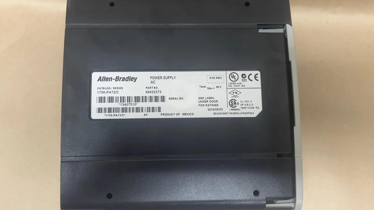 Used Allen Bradley 1756-PA72 Ser C Power Supply with 1756–A4 Ser B 4 Slot Chassis