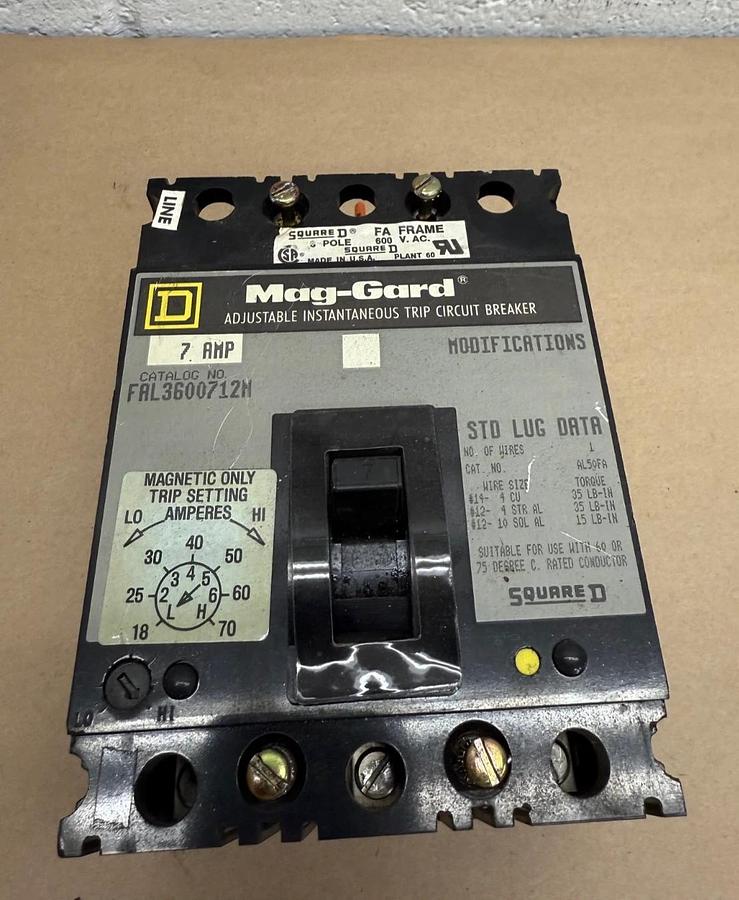 Used Square D FAL3600712M Mag-Guard, Adjustable Instantaneous Trip Circuit 7A, 3 Pole