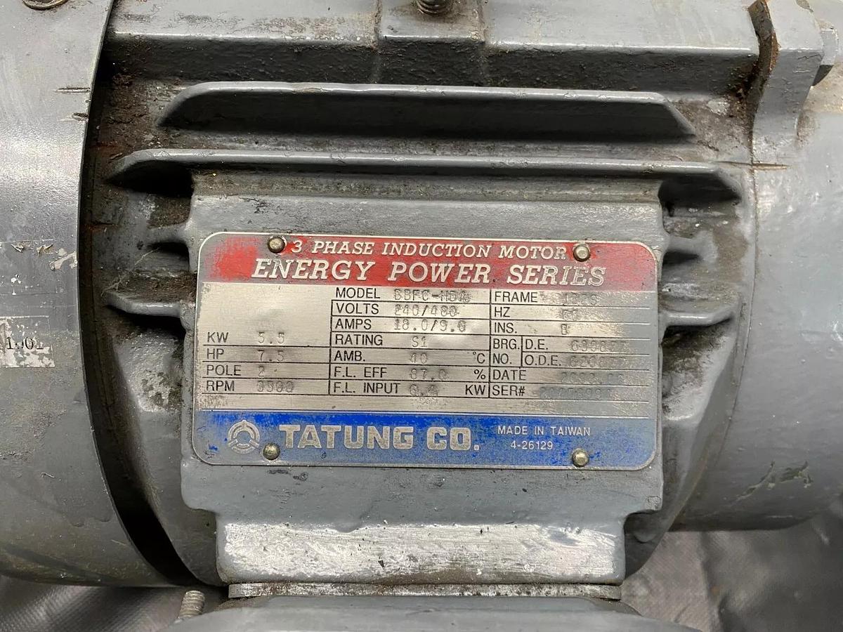 Used Tatung BBFC-HDA, 7.5HP Electric Motor, 3500 RPM, 3 Phase, Frame: 1326