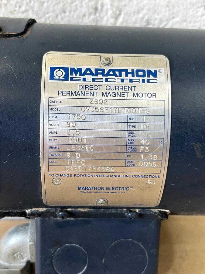 Used Marathon Electric CVD56E17F1001-G 1/4HP 90V Direct Current Perm Magnet Motor