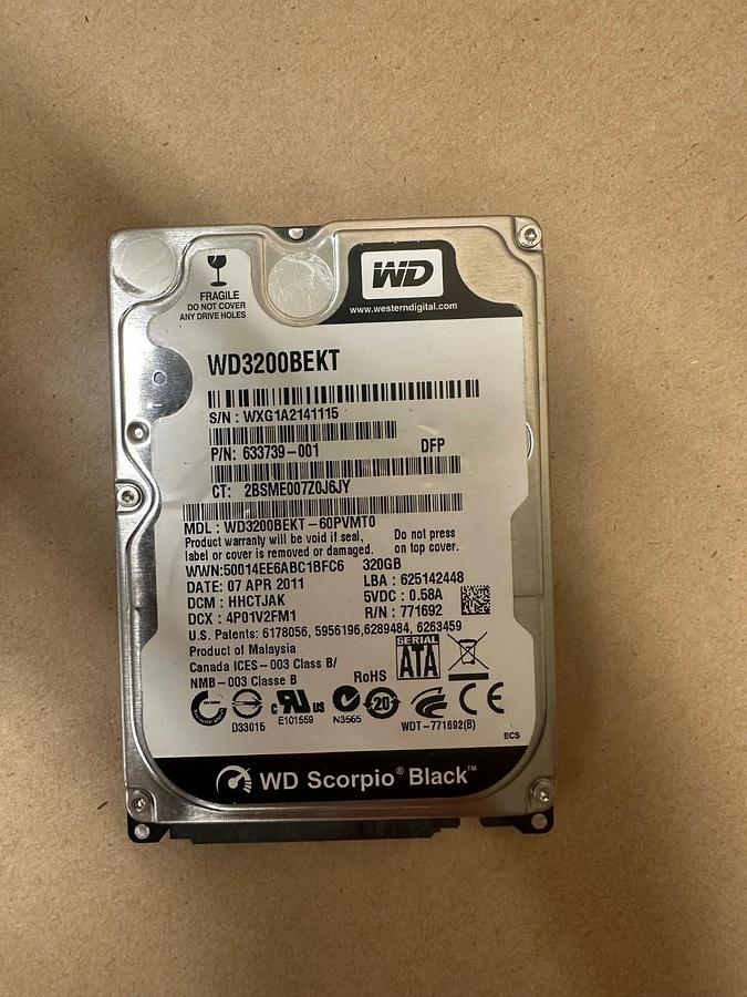 Used Western Digital WD3200BEKT-60PVMT0 Scorpio Black 320GB SATA 2.5 Hard Drive