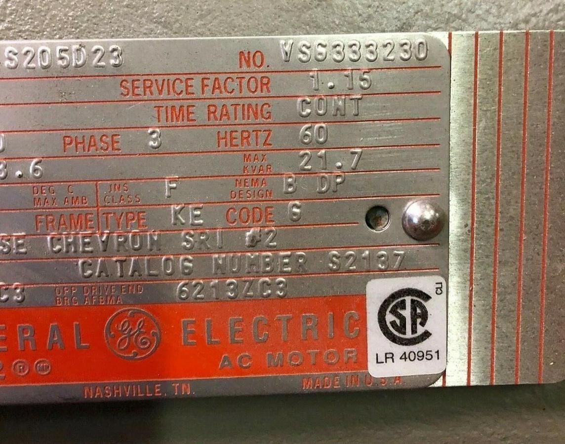 Used General Electric 5KE364AS205D23, 60HP, 1775 RPM, 364T Frame, Electric Motor