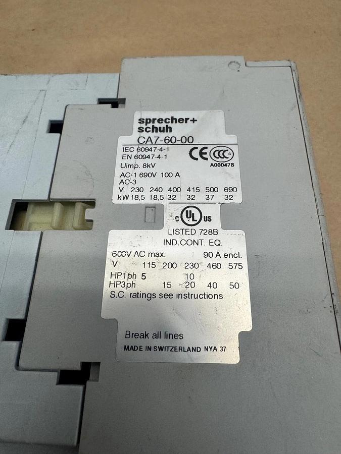 Used Sprecher + Schuh CA7-60-00 Coil Contactor, 690 V, 100 A