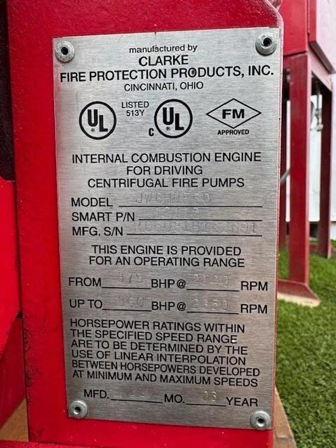 Used Clarke’s JW6HUF60 Stationary Fire Pump Engine Driver w/ Firetrol Controller