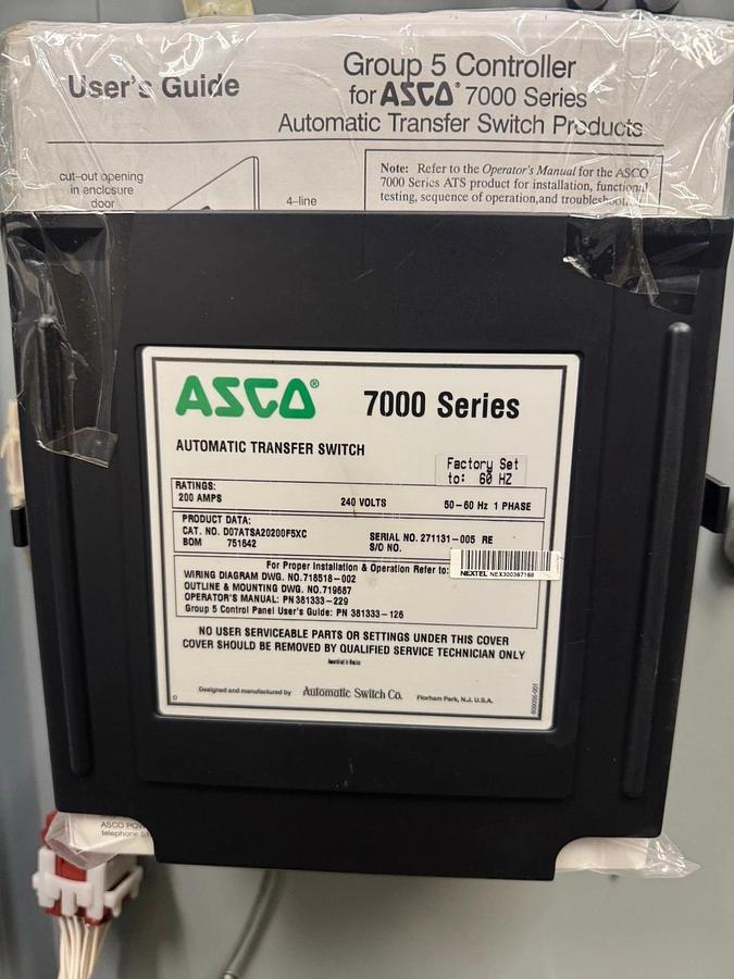 Used Asco D07ATSA20200F5XC 7000 Ser Automatic Transfer Switch 200A 240V Missing Knob
