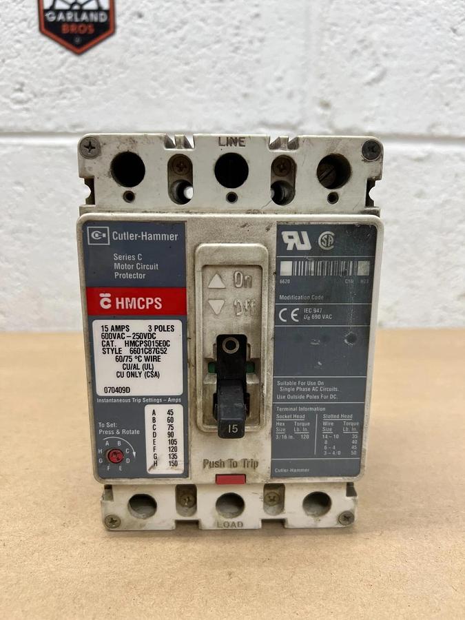 Used Cutler Hammer HMCPS015E0C 15A, 3 Pole Motor Circuit Protector