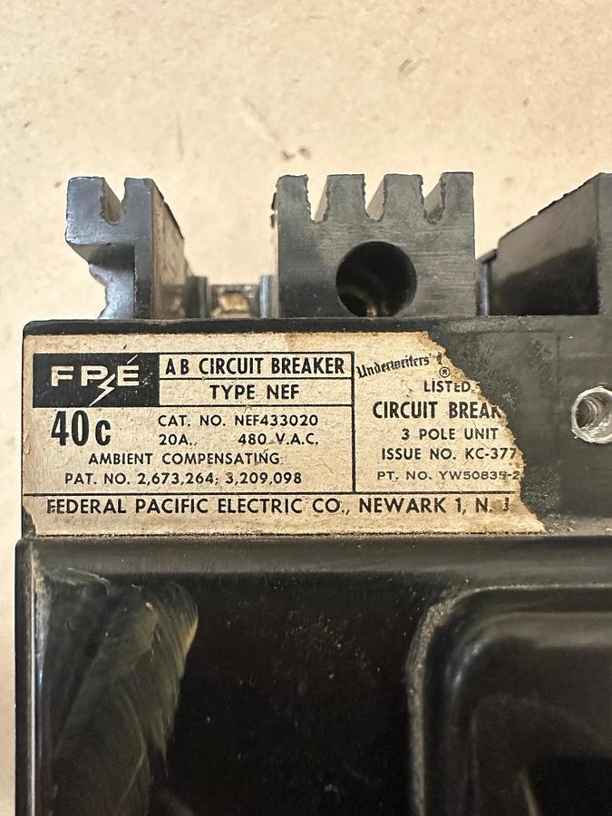 Used Federal Pacific Electric Company NEF433020 20A 3 Pole Circuit Breaker