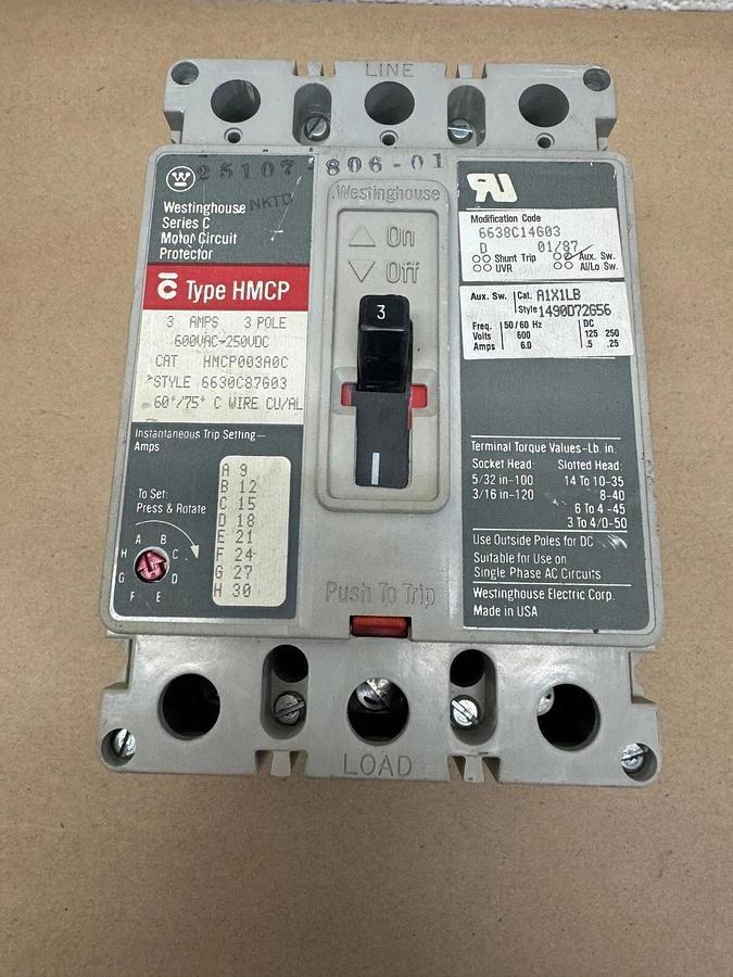Used Westinghouse HMCP003A0C Circuit Protector, 3A, 3 Poles, 600VAC