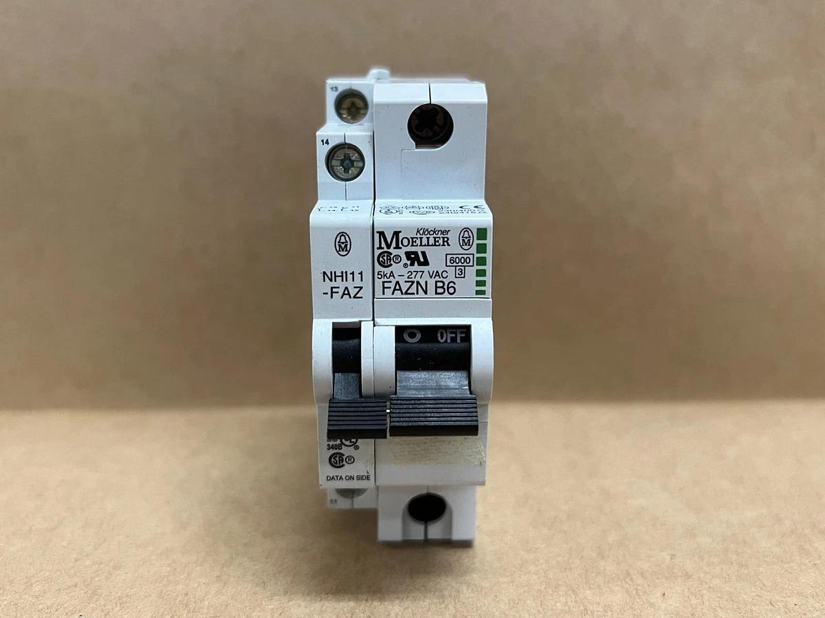Used Moeller FAZN B6 6A Miniature Circuit Breaker w/ Aux. Contact Block - Lot of 7