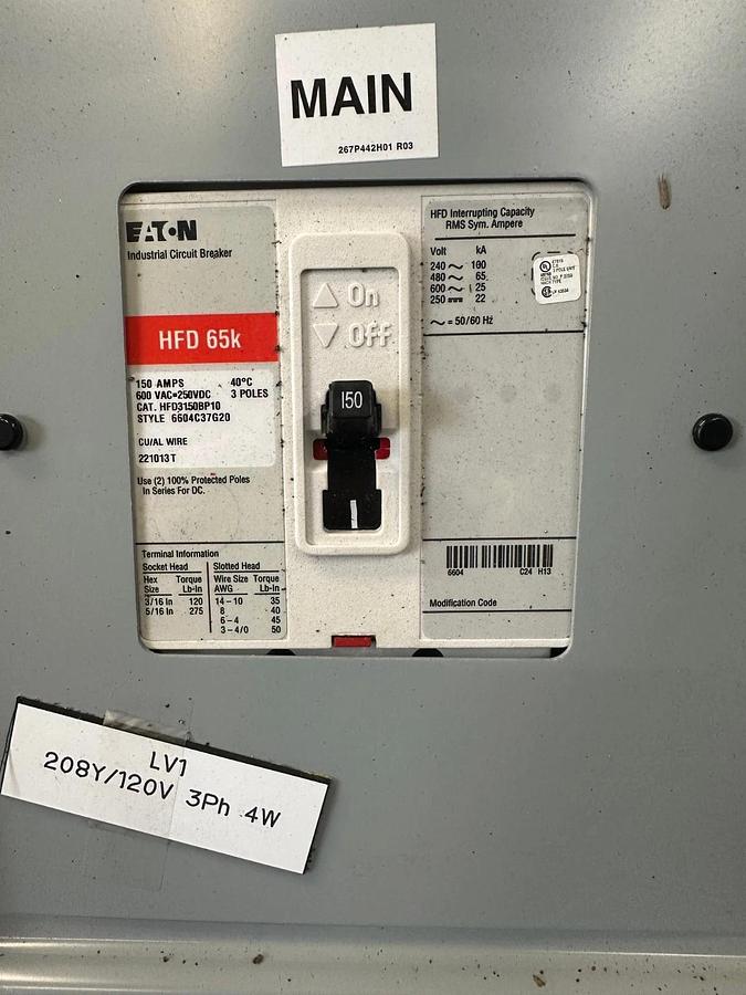 Used Eaton POW-R Line PRL1X Panel Board w/ Eaton HFD 65K 150A Main Breaker