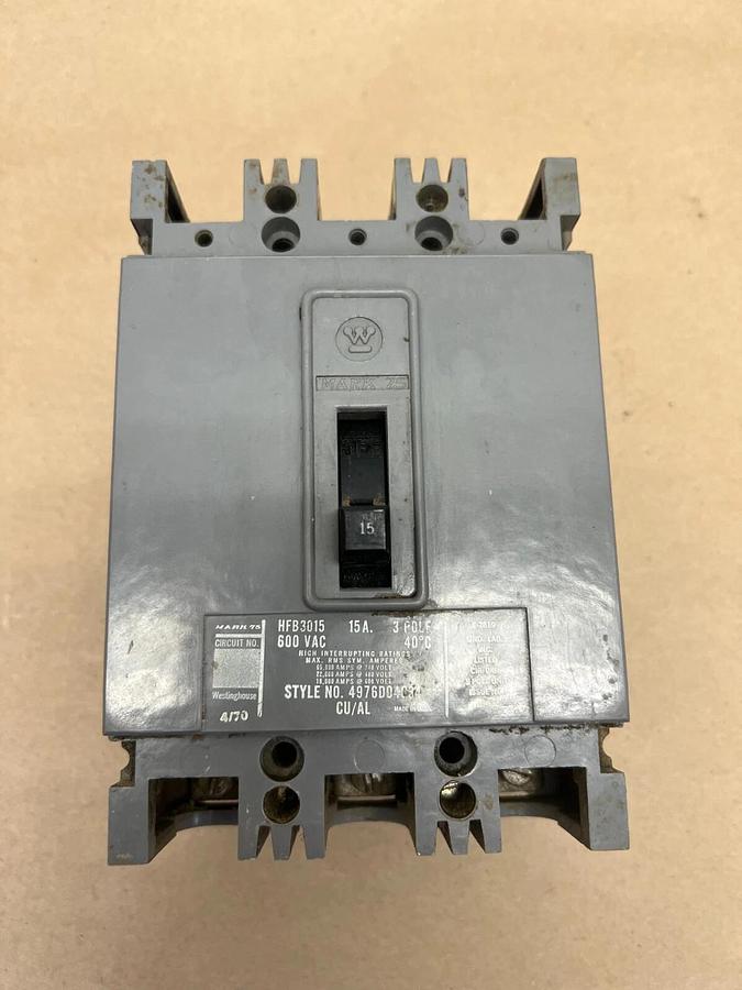 Used Westinghouse HFB3015 15 Amp, 600 VAC Circuit Breaker