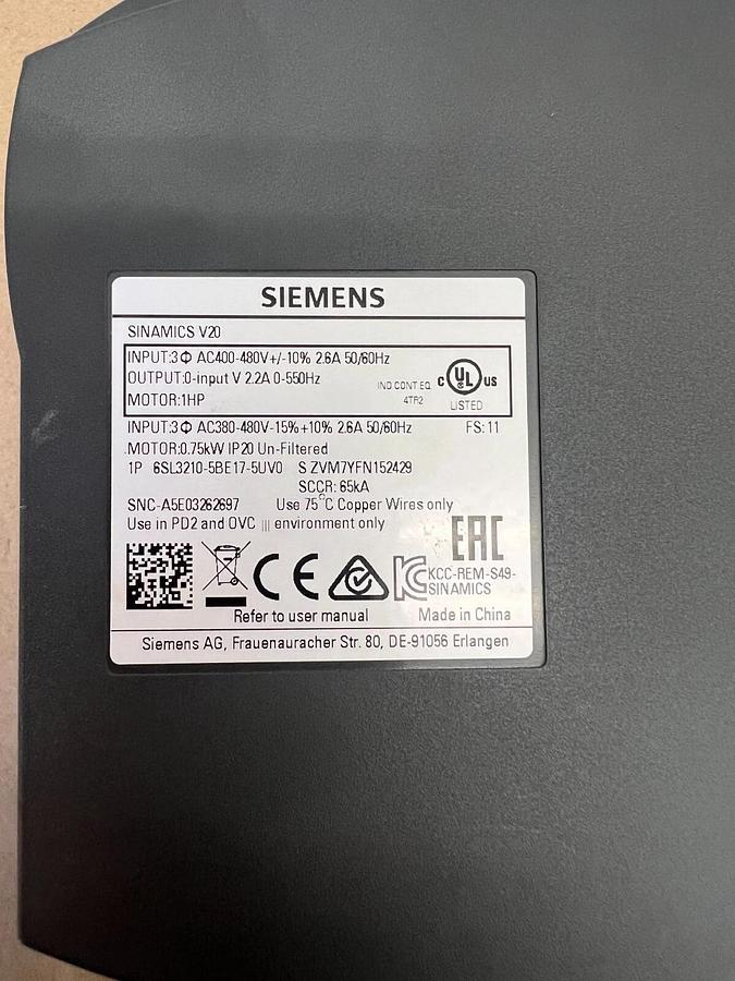 Used Siemens 6SL3210-5BE17-5UV0 1 Hp Sinamics V20 Inverter Drive