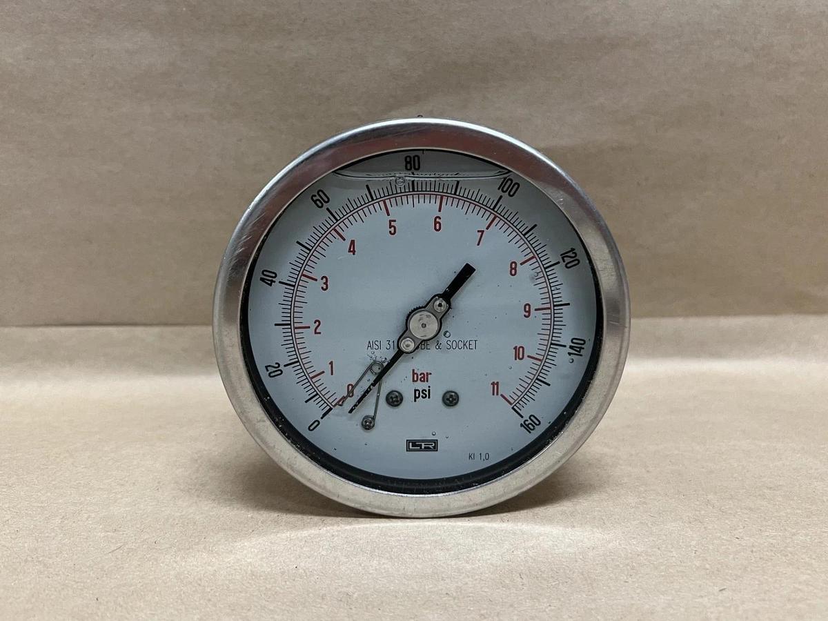 Used LTR 0-160 PSi, 0-11 bar Pressure Gauge w/ AISI 316L SS Tube + Socket