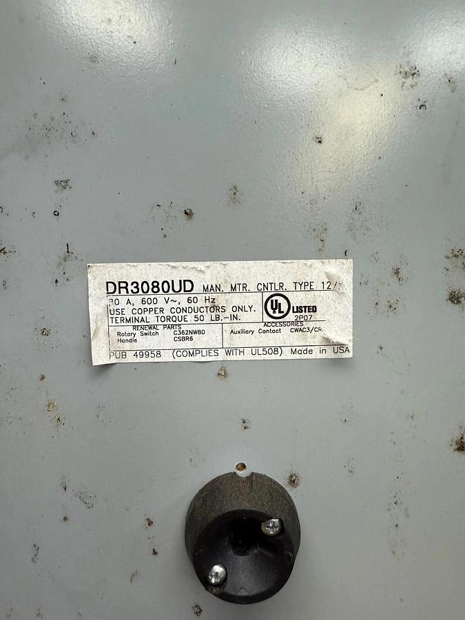 Used Eaton Cutler-Hammer DR3080UD Rotary Disconnect Switch, 80 A, 600V, 60 Hz