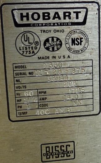 Used Mixer, Hobart, 30 Quart, S/st, Mdl D330, Dough #C742959