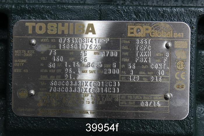 Unused Toshiba 75 HP A/C Motor, 1780 RPM, 460 Volts, 365T Frame, Unused #39954