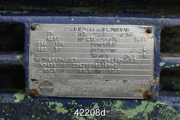 Used Us Electric A/C Motor, 75 Hp, 1185 Rpm, 230/460 Volts #42208