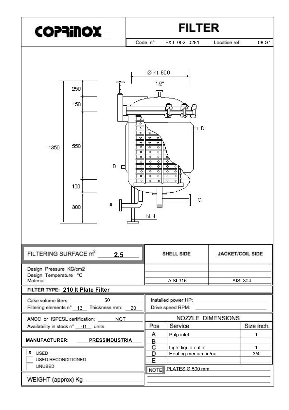Usato Filtro a piastre PRESSINDUSTRIA , 2,5 m2