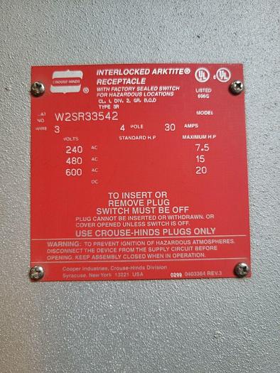 Used Crouse Hinds W2SR33542 Interlocked Arktite Receptacle
