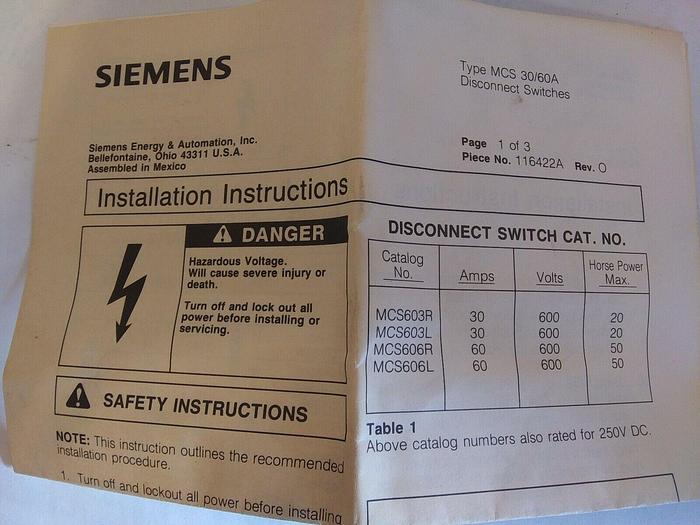 Siemens FCJK606 Disconnect Switch