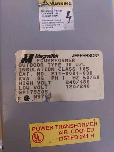 Used Jefferson 211-0001-000 Transformer 240/480volts Outdoor Type 3R