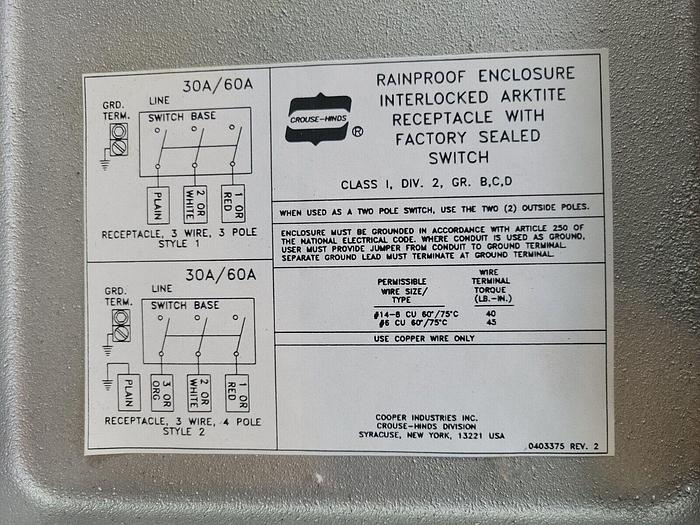 Used Crouse Hinds W2SR33542 Interlocked Arktite Receptacle