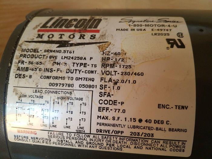 Lincoln Motors SRN4H0.5T61 - 1/2HP