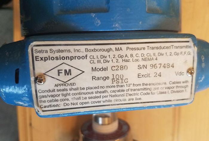 Used Setra Systems Inc Pressure Transducer Transmitter C280, 100 PSIG, 24 Vdc