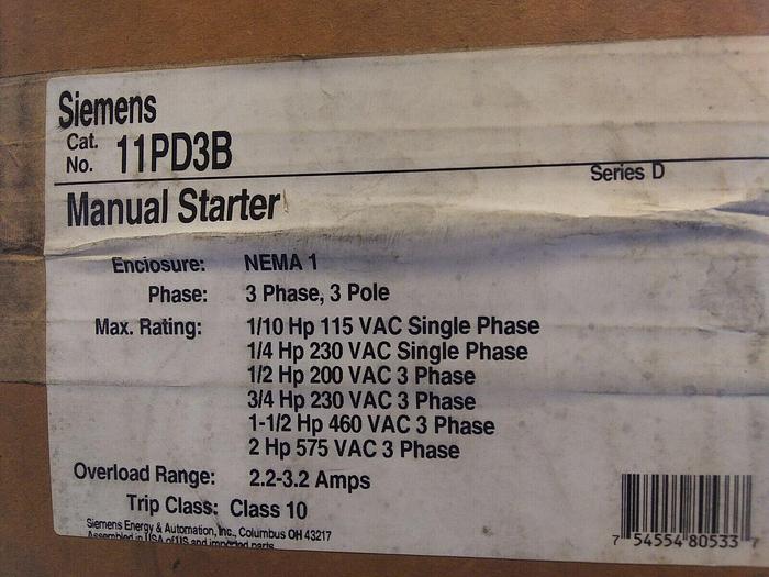 Siemens 11PD3B Manual Starter