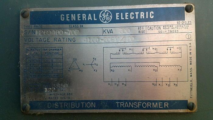 Used GE 300 KVA Transformer - Primary Step Down Buck - 4160V 3PH 208Y *IN*STOCK*USA*