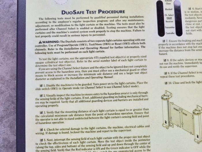 Used Sti MiniSafe 42672-0400 & 42687-0400 Light Curtain Set & 43207-0010 Panel