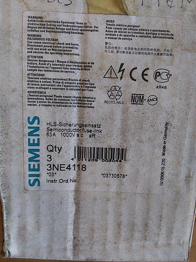 Siemens 3NE4 118 63amp 1000Vac Sitor Fuse. Box of 3