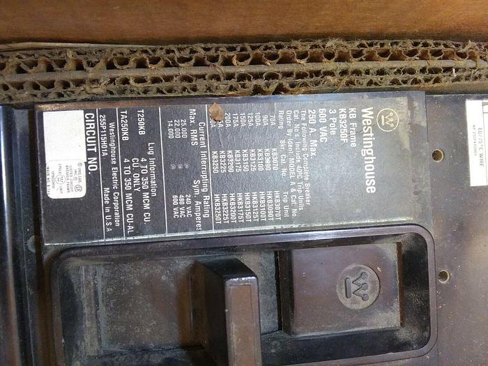 Used Westinghouse KB325OF AB DE-ION Circuit Breaker Type KB 3pole 250amp 600V AC