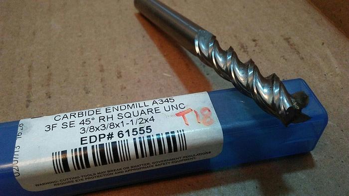 Used Niagara Cutter Carbide End Mill A345 3F SE 45° RH SQ UNC 3/8x3/8x1-1/2x4 61555