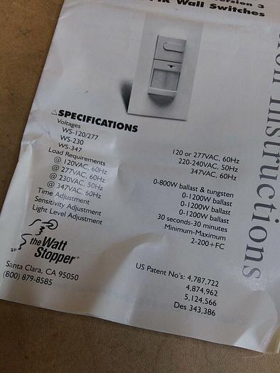 The Watt Stopper WS-120/277 WS-120/277-W Passive Infrared Automatic Wall Switch