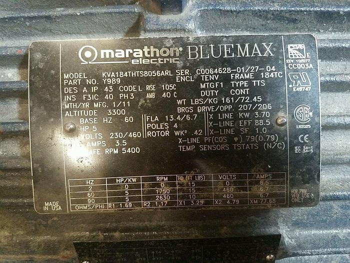 Used Marathon Electric Bluemax Y989, KVA184THTS8056ARL / Stearns 108703100EQF
