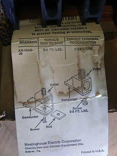 Used Westinghouse KB325OF AB DE-ION Circuit Breaker Type KB 3pole 250amp 600V AC