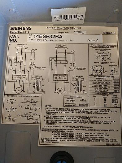 Siemens 14ESF32BA Magnetic Starter ESP100 Solid-state Overload Relay *no box*