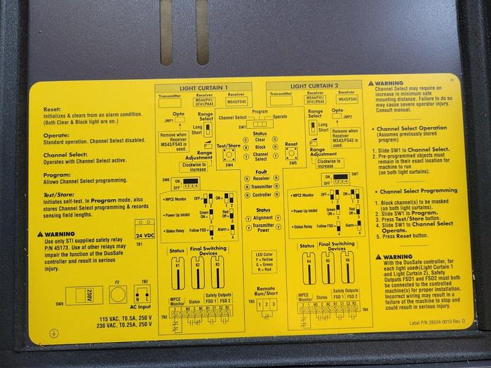Used Sti MiniSafe 42672-0400 & 42687-0400 Light Curtain Set & 43207-0010 Panel