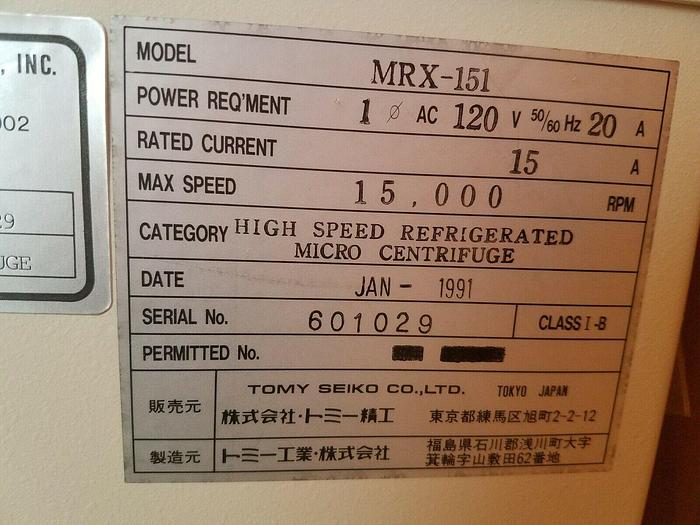 Used Tomy Seiko MRX-151 Micro Refrigerated Centrifuge