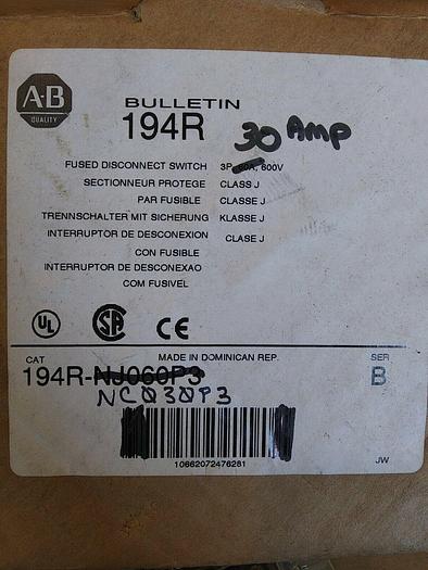 Used Allen Bradley 194-NC030P3 Fused Disconnect Switch 30amp Series B