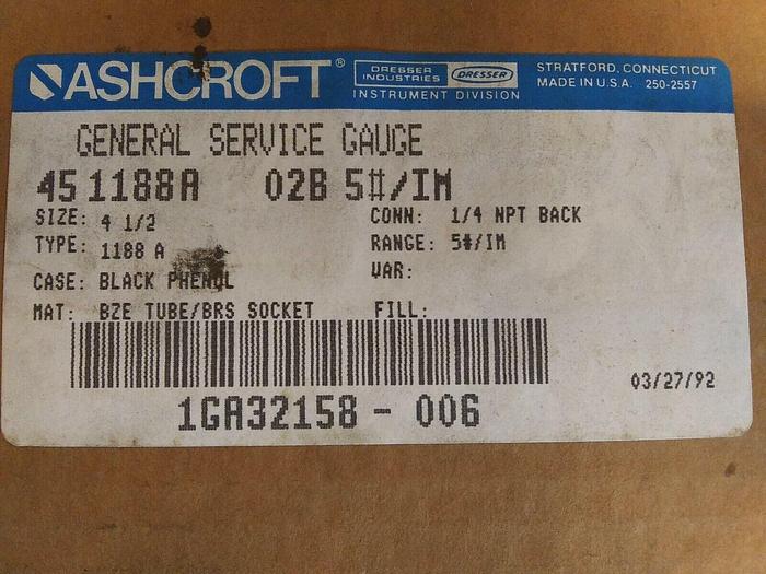 Ashcroft 45 1188A General Service Gauge 4 1/2" *0-5psi
