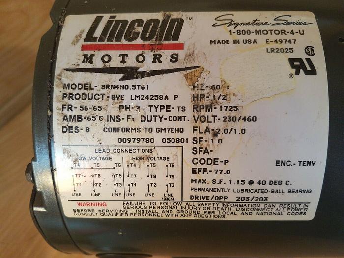 Lincoln Motors SRN4H0.5T61 - 1/2HP