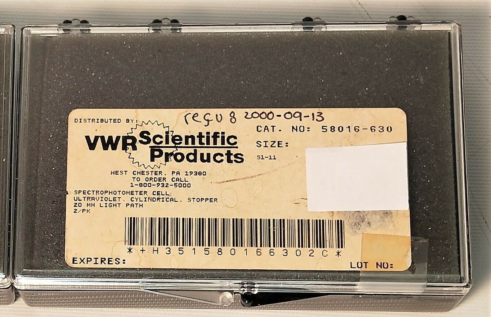 New open box VWR 58016-630 Cylindrical UV Spectrophotometer Cell - 20mm