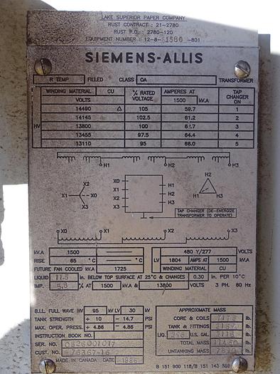 Used 1,500 KVA 13,000V SIEMENS-ALLIS SUBSTATION 480Y/277 VOLTS CU WINDING